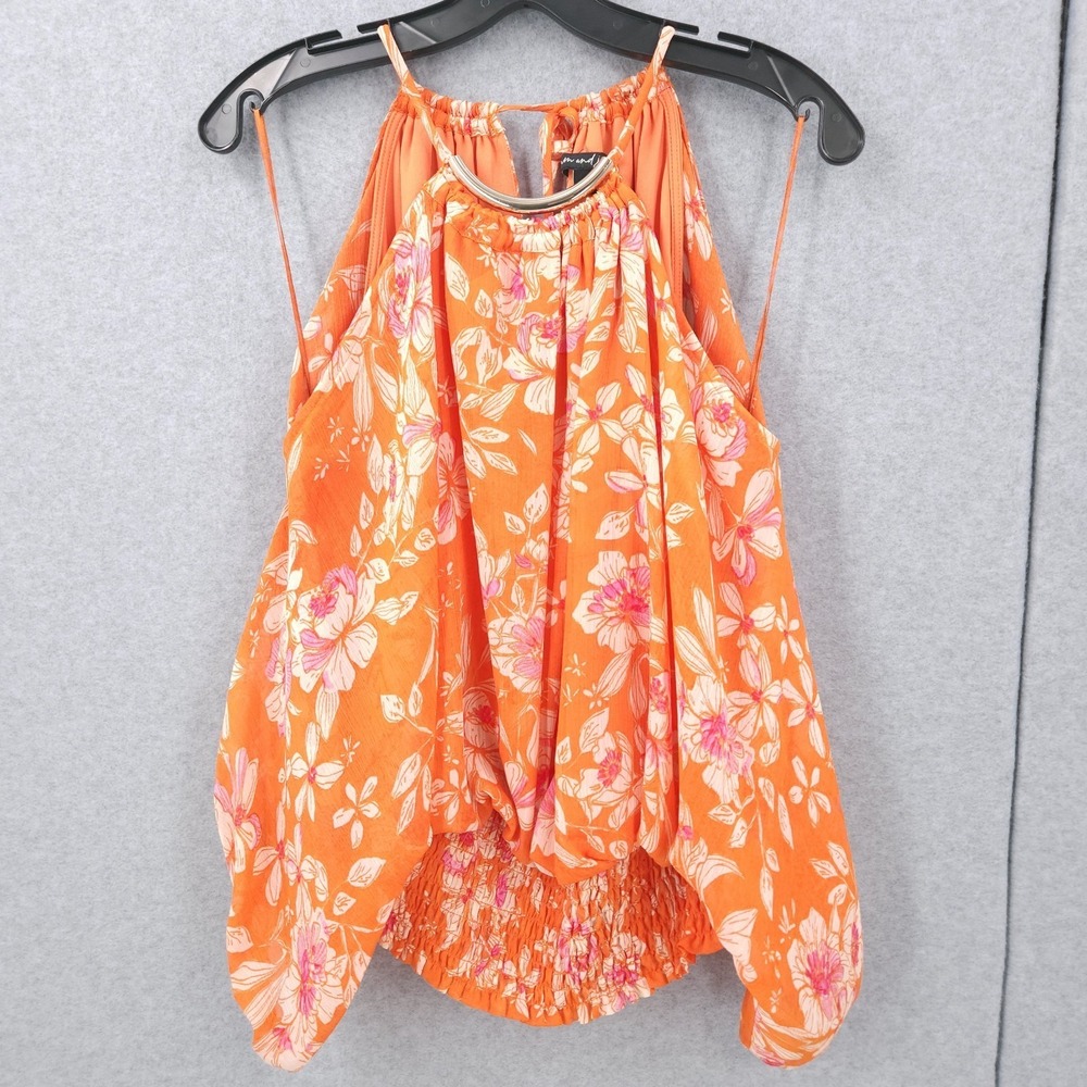 Sam & Jess Floral Halter Neck Gold Smocked‎ Waist Orange Top Womens Size L